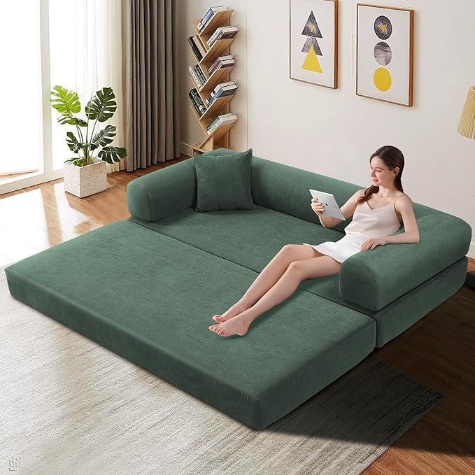 KBQ 3-Seat Convertible Sleeper Sofa Bed with 2 Pillows Corduroy Folding Mattress Couch Floor Sofa Lounge Couch for Living Room Bedroom Lounge Studio Light Green
