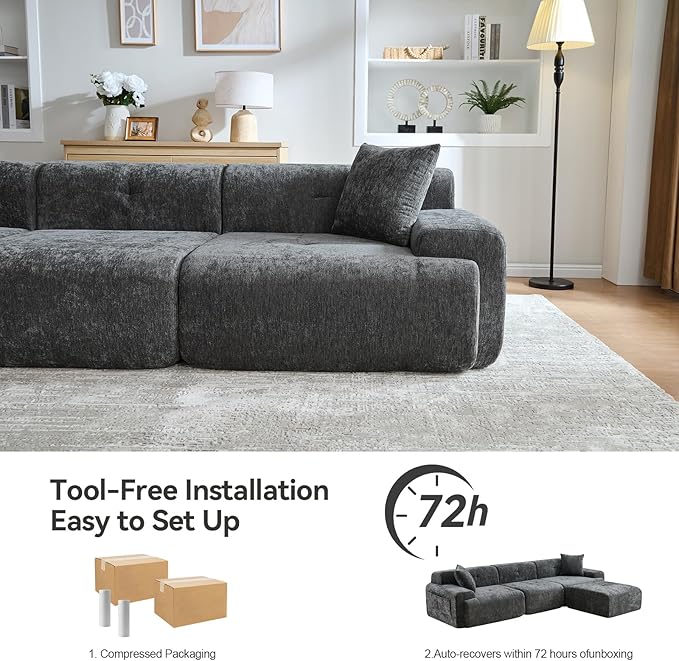 118 Modern L-Shaped Modular Sectional Sofa Oversized 3-Seater Couch with Deep Seat and Movable Ottoman Chenille Yarn Grey Cloud Sofa Couch for Living Room No Assembly