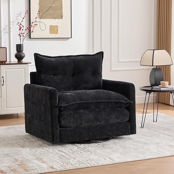Furniliving Oversized Chenille Swivel Accent Chair for Living Room Upholstered Barrel Chair with Thick Padded Backrest Comfortable Single Sofa Chair for Bedroom Black