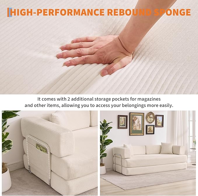 Garvee 5-in-1 Convertible Sofa Bed 78.8 Modular Corduroy Sleeper with Sturdy Frame &amp No Assembly Multi-Functional Futon for Small Space Living Room &amp Guest Room (Green) (Beige)