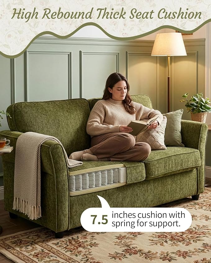 Karl home 67 Loveseat Sofa Chenille Fabric with Removable Covers Outward Arms Spring Cushion &amp Solid Wood Frame Deep Seat Couch for Small Apartment Living Room Reading Nook Bedroom Green