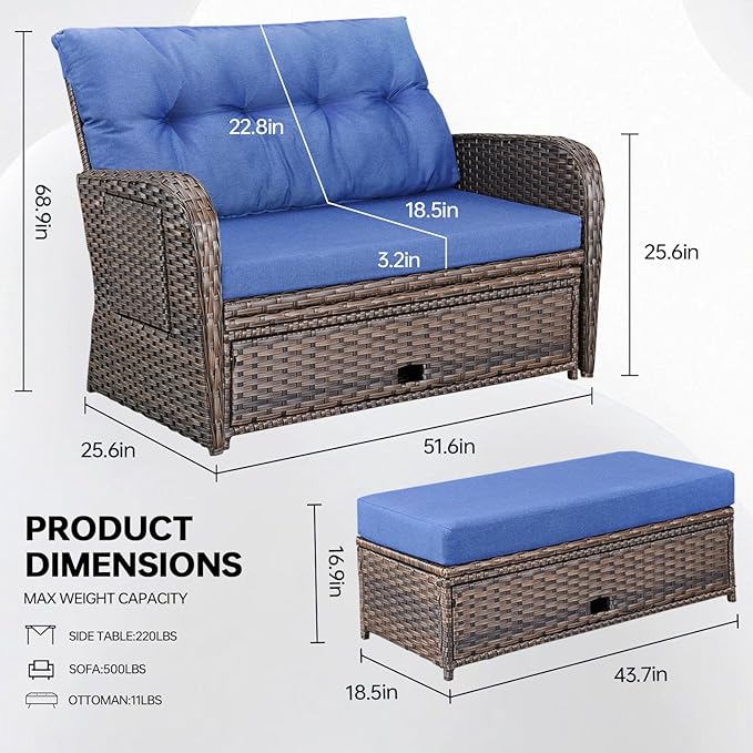 Patio Rattan Daybed Wicker Recliner Loveseat for Two with Multifunctional Recliner and Stowable Side Tray 5 Level Adjustable Backrest (Brown Wicker/Blue Cushion)