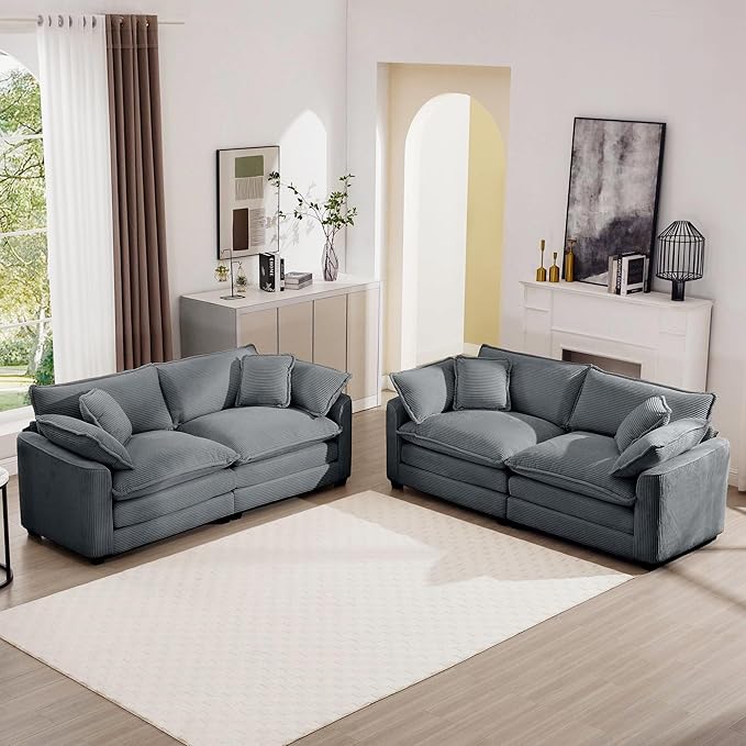 mikibama Luxury 2 Piece Sofa Set 2 Pieces of Loveseat Couch Modern Corduroy Comfy Cloud Couches Set for Living Room Office with 4 Armrest Pillows and 4 Toss Pillows Grey