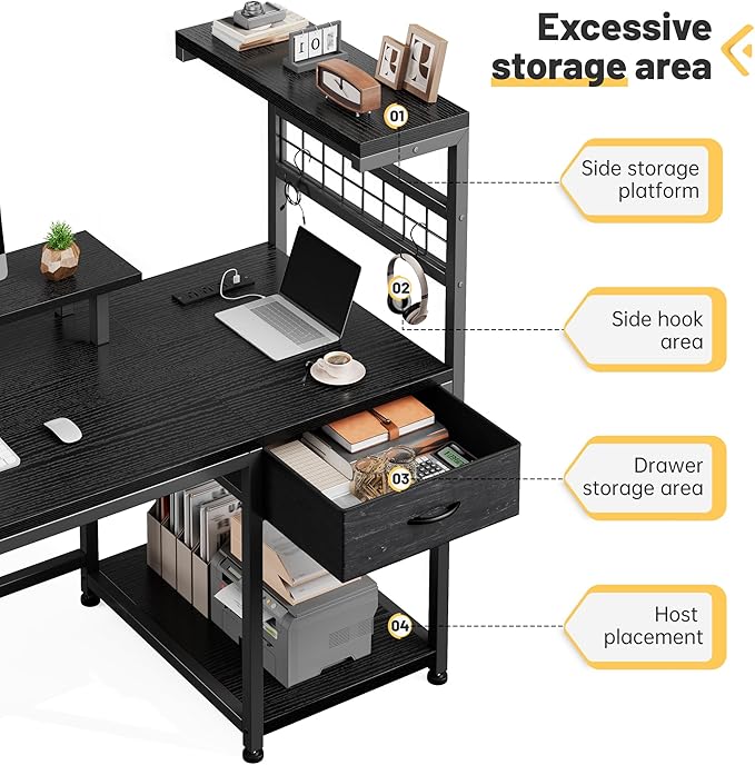 EnHomee 48 Gaming Desk with LED Lights &amp Power Outlets Home Office Desk with Monitor Stand Computer Desk with Drawer &amp Storage Shelves for Living Room Study Room Gaming Room Black