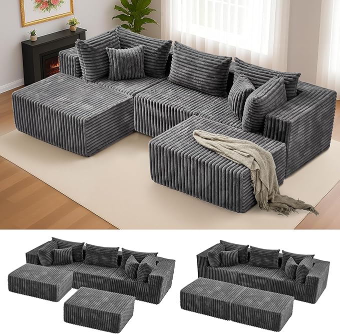 104 Grey Boneless Couches for Living Room Modular Sectional Sofa with Deep Seat Comfy Plush Cloud Couch with U-Shaped Chaise Corduroy Compressed Foam Sofa for Bedroom Living Room