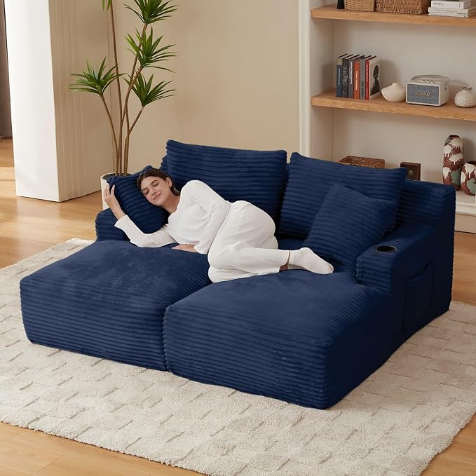 Double Chaise Lounge Sofa Boneless Cloud Couch Bed with Cup Holders and Side Pockets Comfy Deep Seat Sleeper Sectional Loveseat Chair for Living Room (Blue 2 Seat)