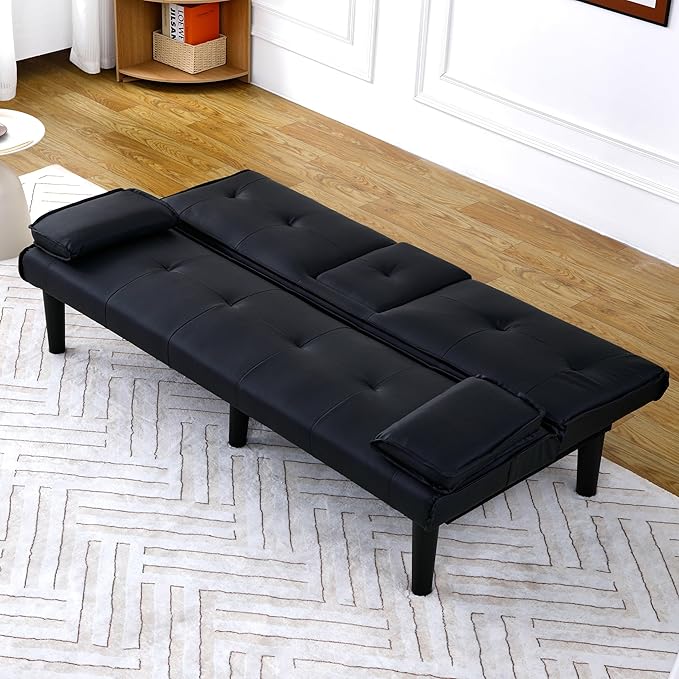 KEIKI 3 in 1 Convertible Sleeper Sofa Bed PVC Loveseat with Cup Holder Foldable Futon Sofa Bed for Living Room Guest Room Dorm Black