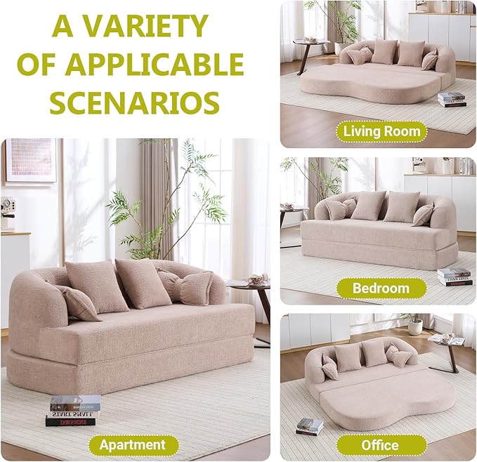 69.9 Folding Sofa Bed Full Sponge Convertible Sofa Bed with Wood Grain Chenille Fabric Easy to Carry Multi-Functional Guest Bed for Living Room Apartment Office