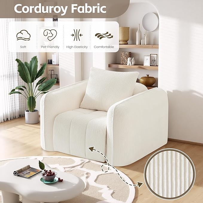 Bean Bag Chair for Adults Boneless Accent Chair Single Sofa Couch Chair Cozy Corduroy Arm Chair for Living Room Lounge Floor Memory Foam Couches for Small Spaces Bedroom Apartment White