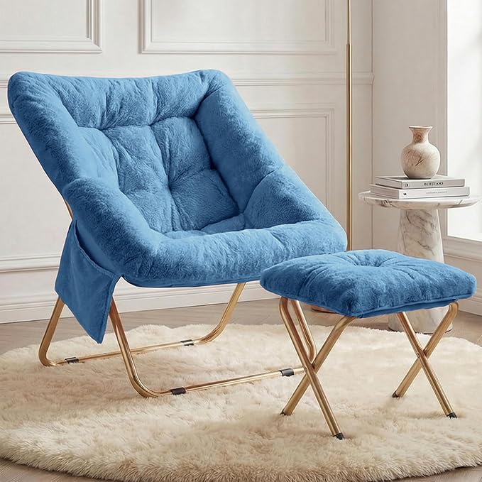 Comfy Saucer Chair for Adults Foldable Living Room Chairs Soft Faux Fur Lounge Chair for Bedroom Reading Chairs X-Large (Ottoman-Blue)