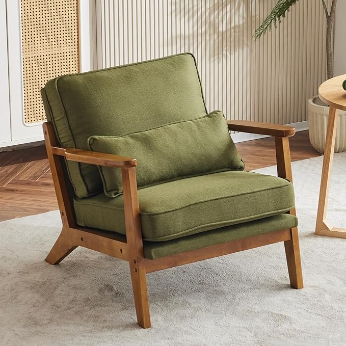 Karl home Accent Chair Wide Armrest Mid-Century Lounge Chair Linen Fabric Armchair with Lumbar Pillow &amp Solid Wood Frame for Living Room Bedroom Balcony Green
