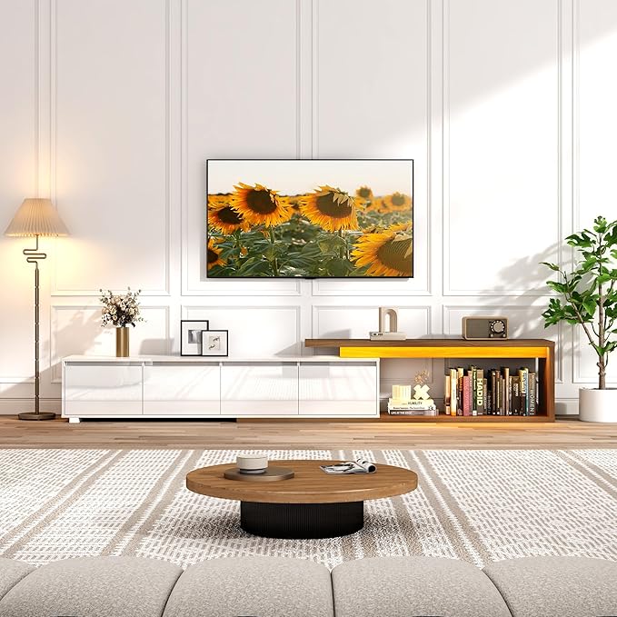 Extendable TV Stand with LED Light Modern Entertainment Center for up to 120 Inch TV Wood TV Media Console with 2 Drawers &amp 2 Cabinets for Living Room Bedroom 75-110 High Gloss White &amp W