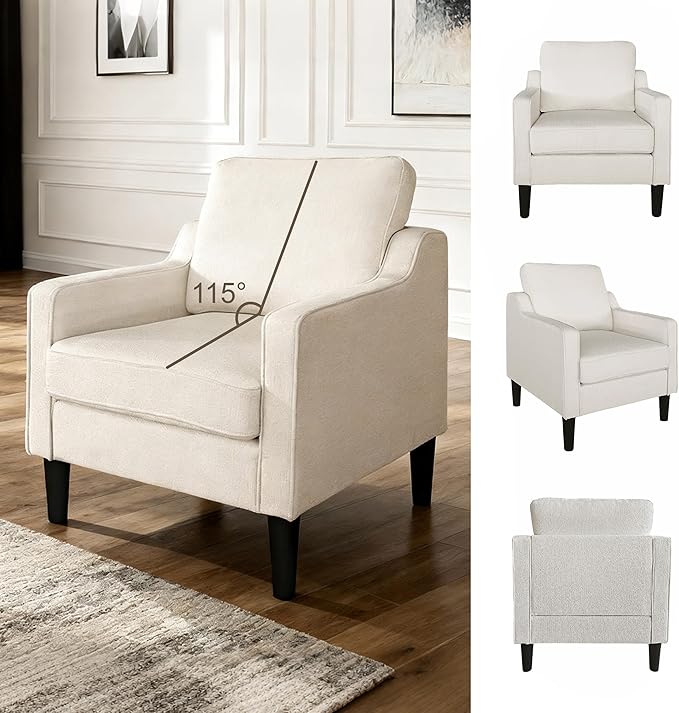 Comfy Accent Chair with 115° Ergonomic Back Support 5.5 Thick Spring Cushion Armchair for Living Room Mid Century Modern Chenille Reading Chair 380lbs Capacity (White)