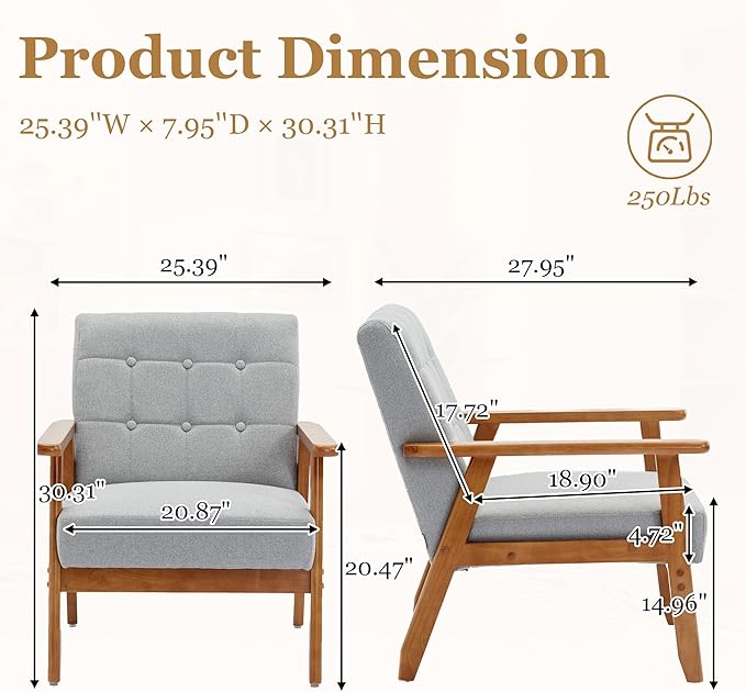Linen Accent Chair Set of 2 Mid-Century Modern Armchair with Solid Wood Armrests Button-Tufted Comfortable Cushioned Reading Chairs for Living Room Bedroom (Light Grey