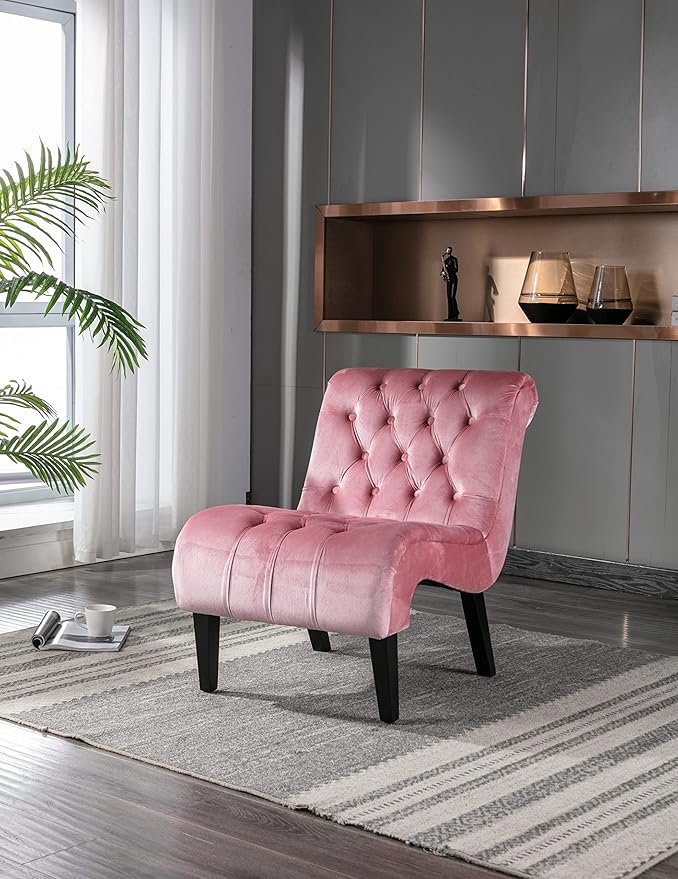 Modern Velvet Armless Accent Living Room Chair Leisure ChairUpholstered Fabric Button Comfortable Chair with Wooden Legs for Bedroom Living Room Office (Pink Velvet)