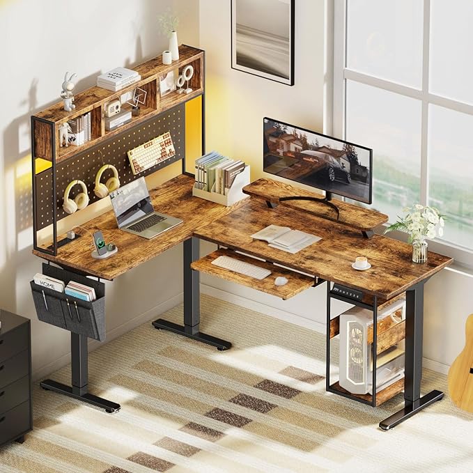 Flycity Electric L Shaped Standing Desk Adjustable Height 67 x 47 Corner Computer Desk with Host Shelf Gaming Desk with LED Lights &amp Power Outlet Dual Motor Home Office Desk with Storage Bro