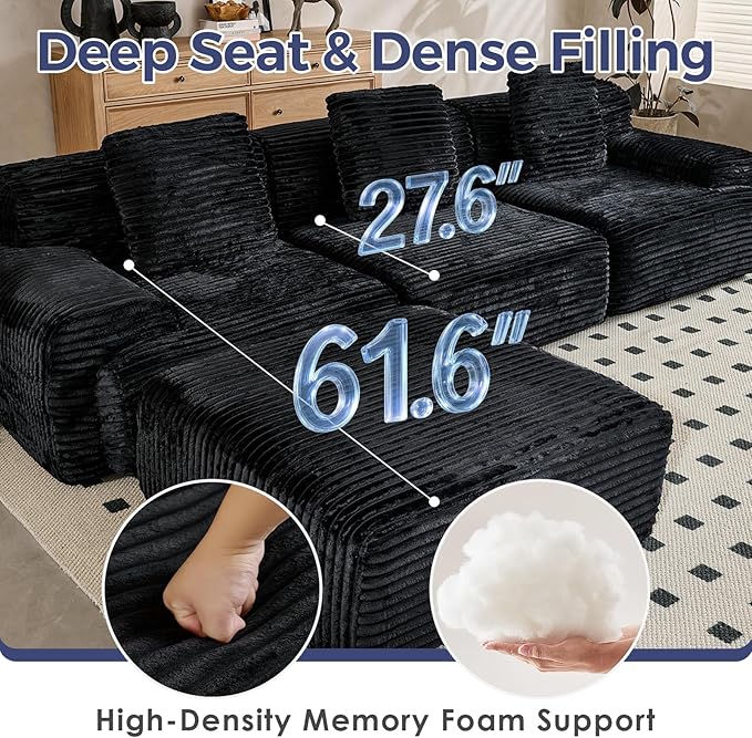 VK·LIVING 113 Cloud Sectional Couch Deep Seat Boneless Sofa with Wide Armrests 16.5'' Height Modular Plush Corduroy Memory Foam Couch for Living Room Office No Assembly Black