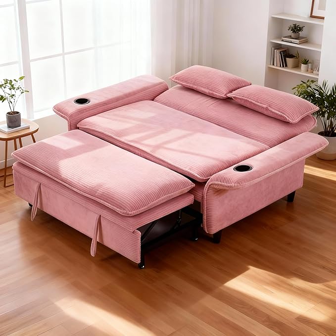 3 in 1 Convertible Sleeper Sofa Bed Loveseat Sleeper 65” Pull Out Couch Adjustable Armrest and Backrest with 2 Pillows for Living Room Bedroom (Pink)
