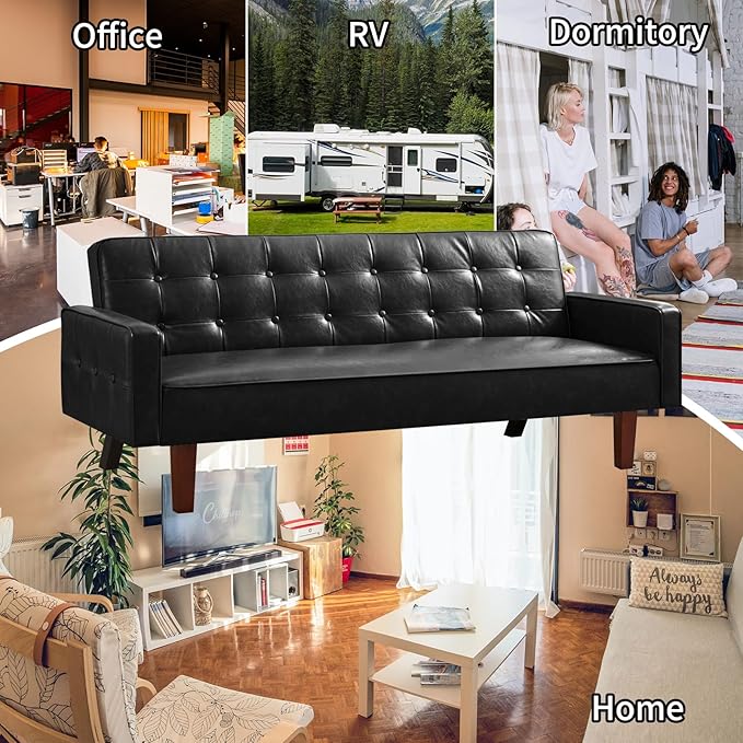 Faux Leather Couch Mid Century Modern Sofa with Memory Foam Comfy 3 Seater Couch for Small Spaces Living Room Office Black