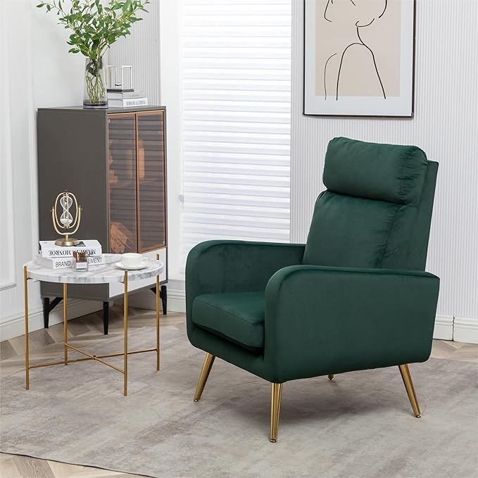 Velvet Accent Chair Modern Living Room Armchair Bedroom Dorm Reading Reception Room Comfort Upholstered Sofa Chair Gold Metal Legs Dark Green