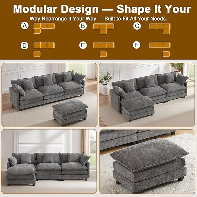 111.4 L-Shaped Cloud Chenille Sofa Sectional Couch with Reversible Chaise Flexible 3+1 Layout for Large Spaces Deep Seat and Free Pillows Included