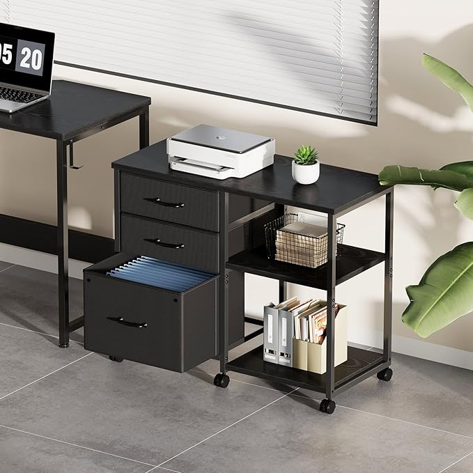 3 Drawer File Cabinet with Wheels Rolling Printer Stand with Open Storage Shelf Fabric Lateral Filing Cabinet for Home OfficeBlack