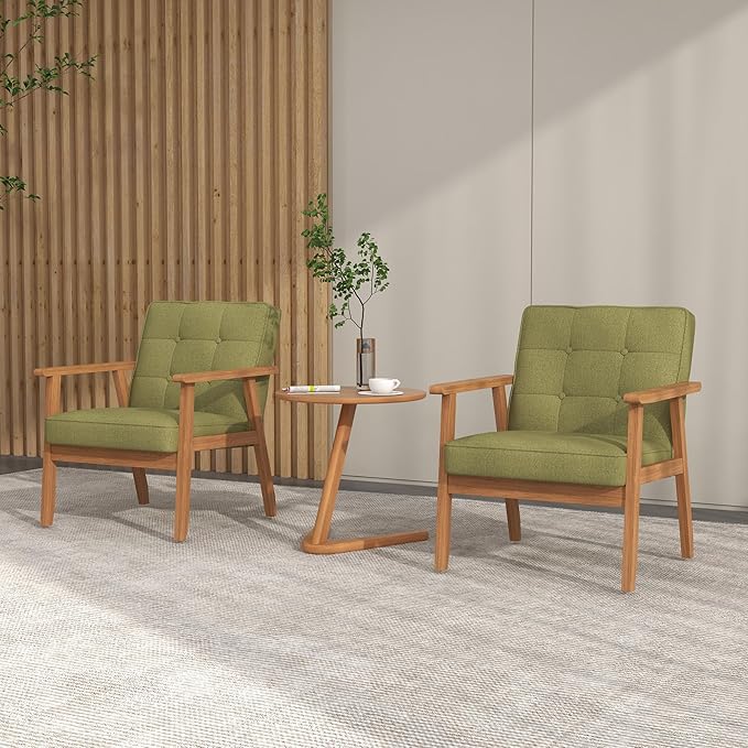 KCC Mid-Century Modern Linen Fabric Accent Chair Upholstered Tufted Leisure Chair Comfy Reading Side Chair with Armrest and Solid Wood Frame for Living Room Bedroom Balcony(Green)
