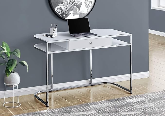 Computer Desk Home Office Laptop Storage Drawers 48 l Work White Laminate Chrome Metal Contemporary Modern