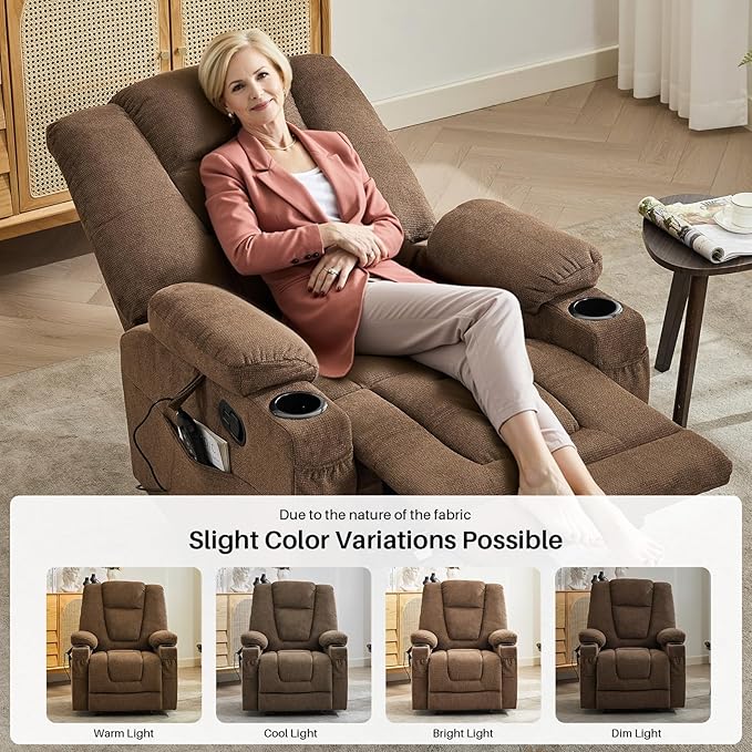 Recliner Chair with Massage and HeatChenille Recliner Sofa Chairs for AdultsWall Hugger Recliners for Living Room Reclining Armchairs with Cupholders Middle Brown