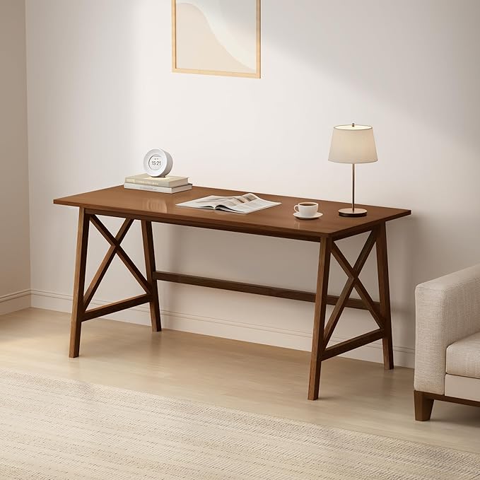 Modern Solid Wood Desk - 54 Simple Computer Table for Home Office Study Writing Workstation in Walnut 54 W x 24 D