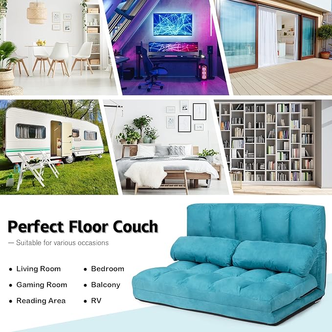 KOMFOTT Adjustable Floor Sofa Bed Foldable Lazy Sofa Sleeper with 6 Position Backrest &amp 2 Pillows Convertible Futon Couch with Suede Cloth Cover Lounge Recliner for Living Room