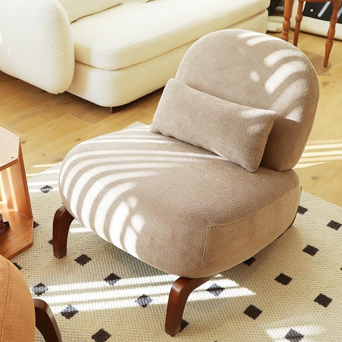 Velvet Accent Chair with Solid Wood Legs Modern Armless Living Room Chair with Soft Cushion Cozy Reading Chair for Bedroom Apartment Balcony &amp Waiting Room (Camel)