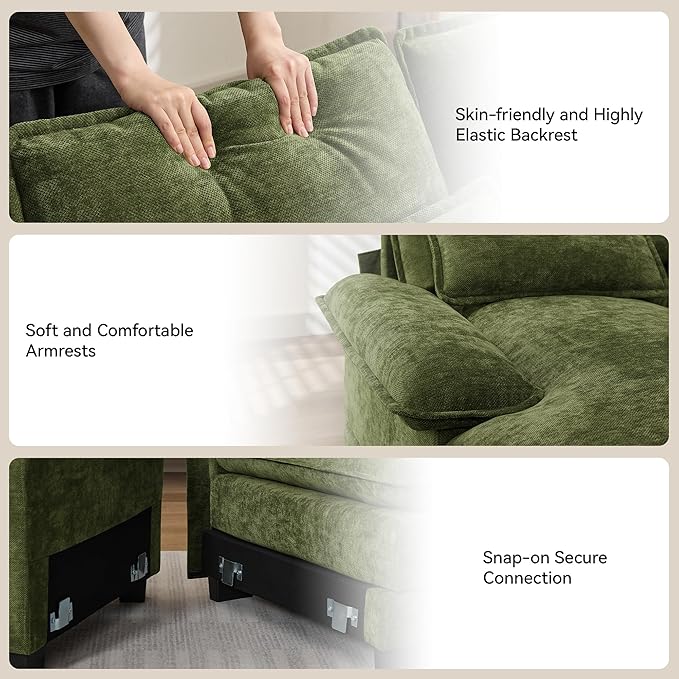 U Shaped Sectional Sofa with Storage Console Cup Holders &amp USB Ports Small Modular Cloud Couch with Deep Seats Modern Comfy Living Room Sofa for Apartment Chenille Green
