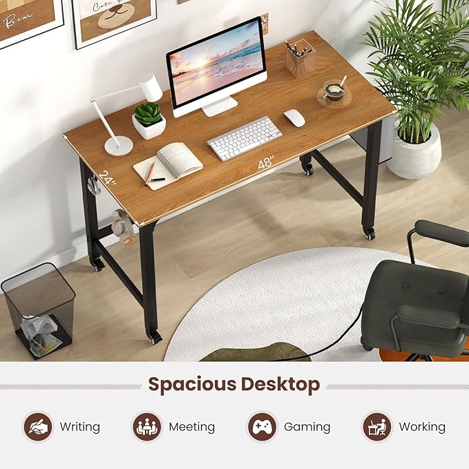 COSTWAY 48” Mobile Computer Desk Home Office Desk on Wheels Simple Study Writing Table with 4 Lockable Wheels Metal Frame Rolling Laptop PC Table for Small Space (Natural)