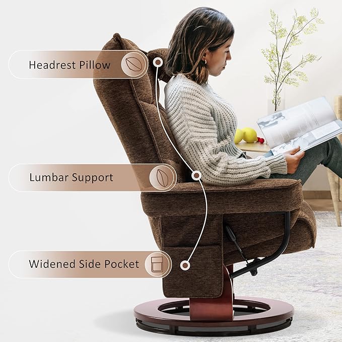 MCombo Swivel Recliner with Ottoman TV Chair Sets with Vibration Massage Ideal for Small Space Living Room &amp Bedroom 4188 4605 (Brown Base Brown)