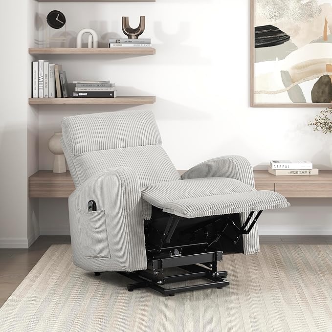 Lexicon Power Lift Recliner Chair for Elderly with Remote Control Gentle Lift Motion Side Pocket Armrest Corduroy Upholstered Electric Recliner for Living Room/Bedroom Easy Assembly Light Gray