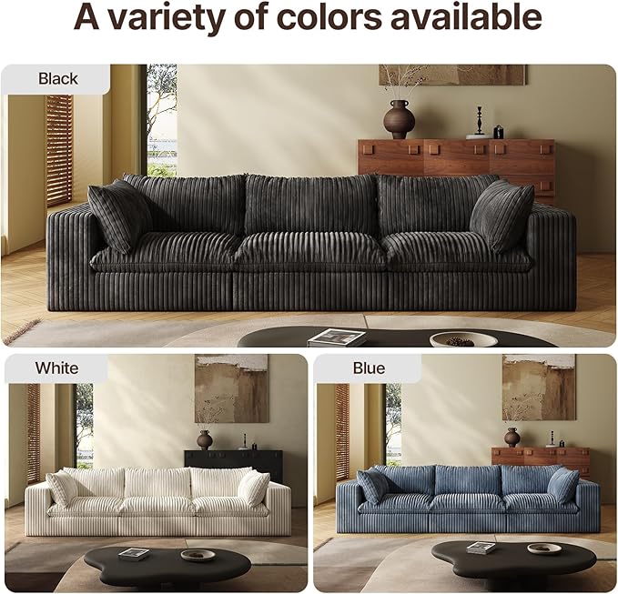 118-inch Boneless Cloud Sofa Modular Corduroy Sectional Couch with Full Foam Compression for Living Room Bedroom Apartment No Assembly Required (Black 3 Seater)