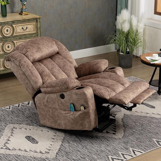 MEETWARM Large Power Lift Electric Recliner Chair with Extended Footrest for Big Tall Man Overstuffed Wide Recliner with Heat and Massage 2 Remote Controls/4 Side Pockets/USB Ports(Plush-Brown)