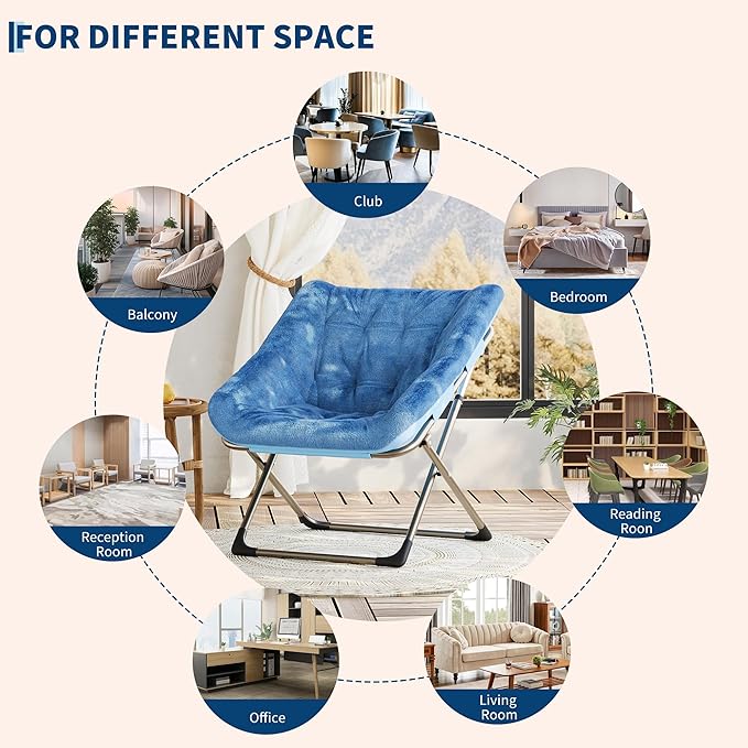 Collapsible Soft Faux Rabbit Fur Saucer Lounge Chair Comfy Lounge Lazy Chair Metal Frame Reading Chairs for Office Living Room Bedroom Small Spaces No Assembly Blue