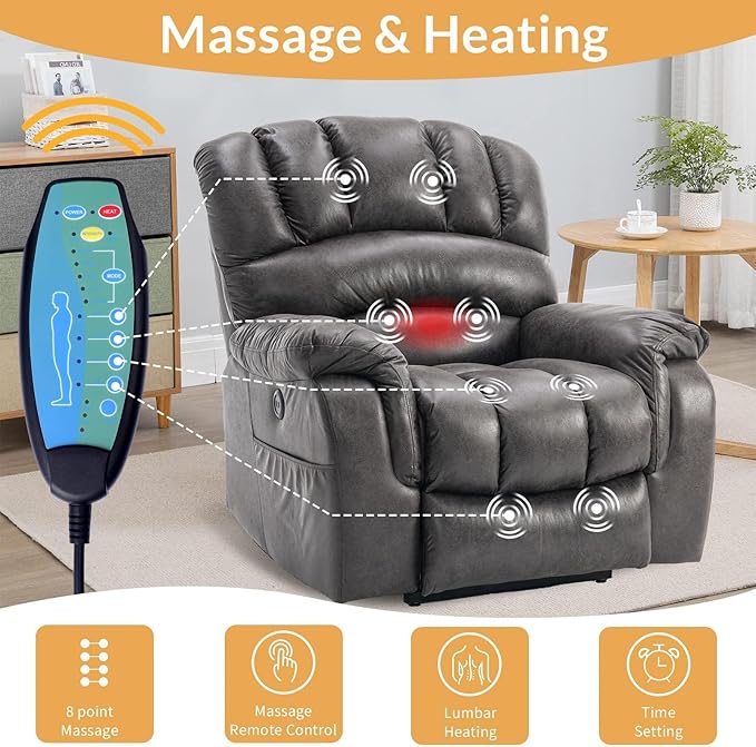 Lay Flat Sleeping Dual OKIN Motor Electric Lift Recliner with Heat Massage for Big Man Large Infinite Position Reclining Chair Up to 350 LBS for Living Room 2 Remote Controls Grey