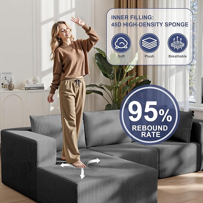 108 Boneless Couches for Living Room Modular Cloud Couch Sofa -4 Pieces U Shap Corduroy Sectional Sofa Fluffy Memory Foam Sleeper Sofa Furniture No Assembly Wide Armrest Grey