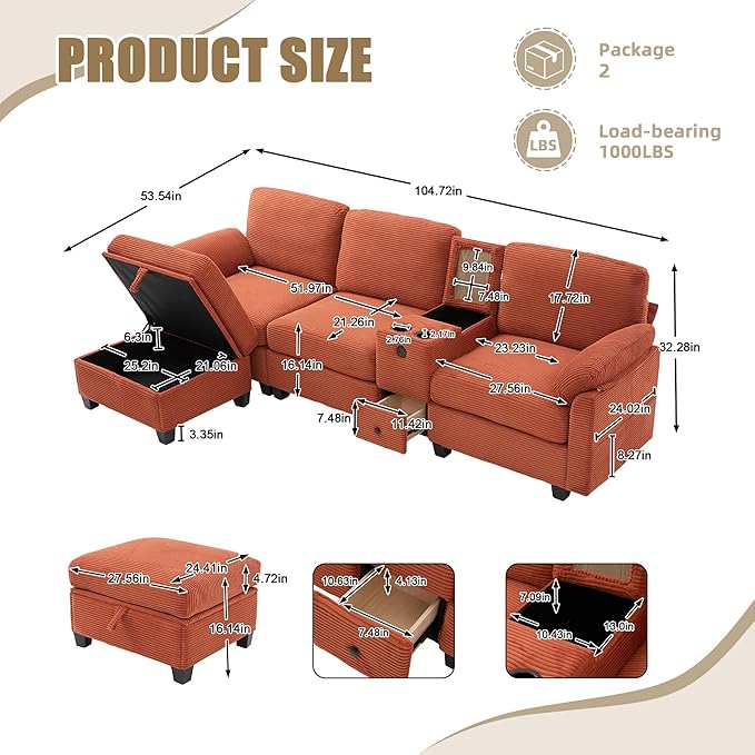 KEIKI 105 L-Shaped Oversized Corduroy Modular Sectional Sofa with 1 Ottoman and Multi Functional Console 4-Seater Upholstered Couch with USB and 2 Cup Holder Easy Assembly for Living Room Orange