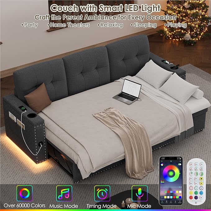 HIFIT Sleeper Sofa Bed- 81 L Shaped Pull Out Couches for Living Room with Storage Chaise 2 Storage Armrest LED Light&ampUSB Port&ampCupholder Modern Linen Sectional Home Sofa Living Room Furnitu