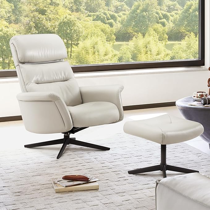 CHITA Genuine Leather Self-Weight Reclining Swivel Chair with Adjustable Headrest and Ottoman for Living Room Office Light Grey