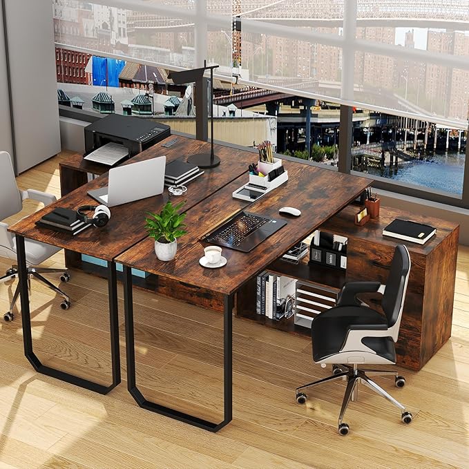 Giantex 55 Inch L-Shaped Desk with Charging Station Reversible Computer Desk with 3 Drawers Adjustable Shelf Large Computer Workstation Corner Desk for Small Spaces Home Office (Rustic Brown)