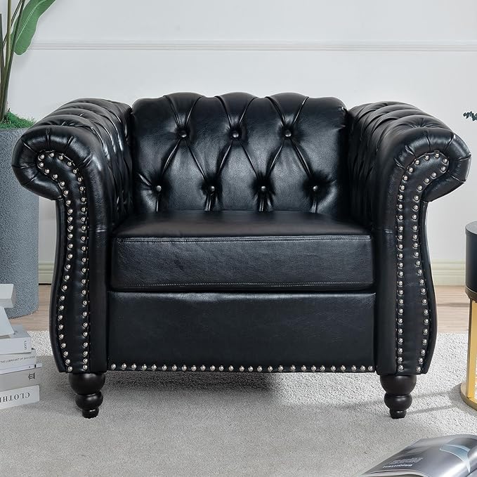 Oversized Chesterfield Chair PU Leather Accent Chair with Tufted Back Club Chair for Living Room Bedroom Gothic Victorian (Black)