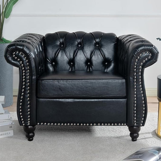 Oversized Chesterfield Chair PU Leather Accent Chair with Tufted Back Club Chair for Living Room Bedroom Gothic Victorian (Black)