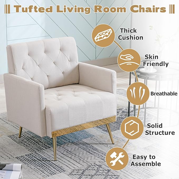 Linen Accent Chair Modern Upholstered Living Room ChairComfy Single Sofa with Button Tufted Back and Golden Metal Legs for Reading Bedroom Waiting Room Beige