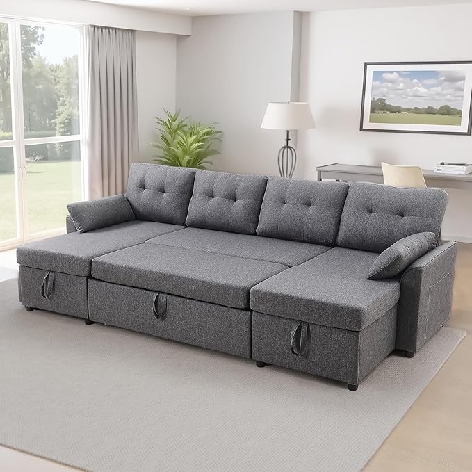 VEVOR U Shaped Sofa Bed Convertible Sofa Bed with 2 Side Pockets 2 Pillows and Double Chaise 6-Seat Pull Out Sleeper Couch with Large Storage Capacity for Living Room Apartment Metal Frame Gray