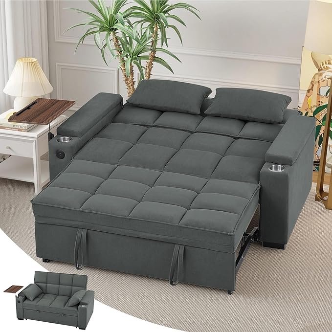 65'' 3-in-1 Sleeper Sofa Bed with Pull-Out Couch &amp Side Table Convertible Loveseat with Adjustable Backrest Velvet Chaise Lounge with USB &amp Type-C Ports Dark Grey